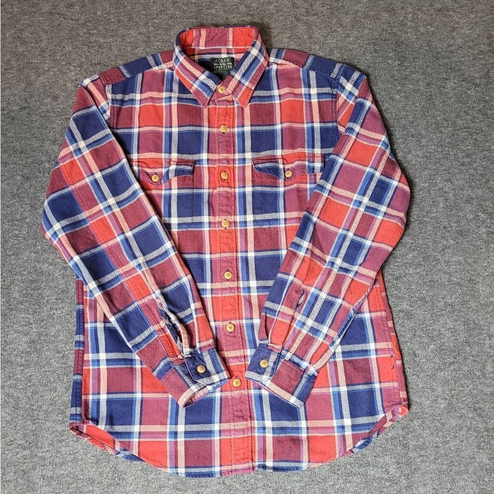 J. Crew Shirt Men Large Blue Red Plaid Sporting Goods Flannel Work Long Sleeve